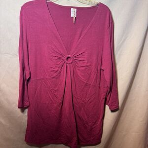 Kika Ladies Pullover Top 3/4 Sleeve V-Neck Burgundy NWOT Size Xl